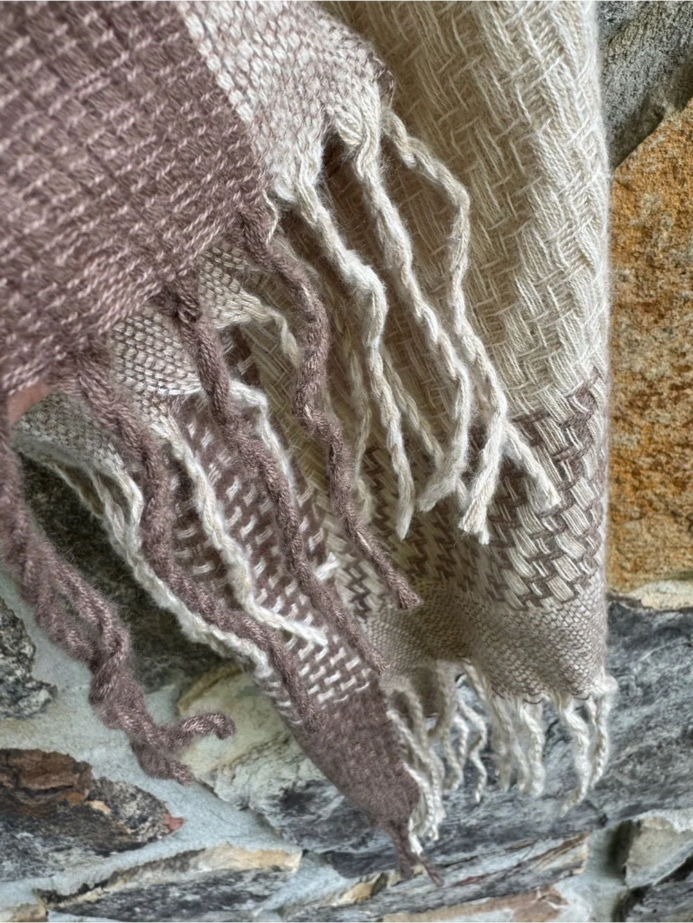 Neutral Woven Fringe Scarf - Beige and Taupe